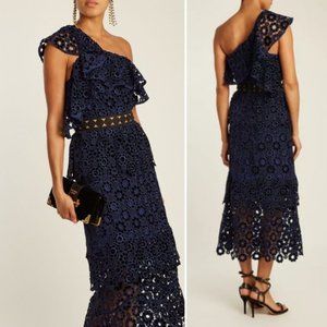 SELF-PORTRAIT ONE-SHOULDER LACE FLORAL BLUE and BLACK MIDI DRESS  US Size 4